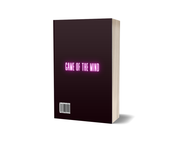 A book with a dark cover and the title "Game of the Mind" in glowing pink text. The book is standing upright, showing the front cover and its spine. A barcode is located at the bottom left corner of the back cover. The background is plain white. BookSelf Book Cover Design & Premade Book Covers