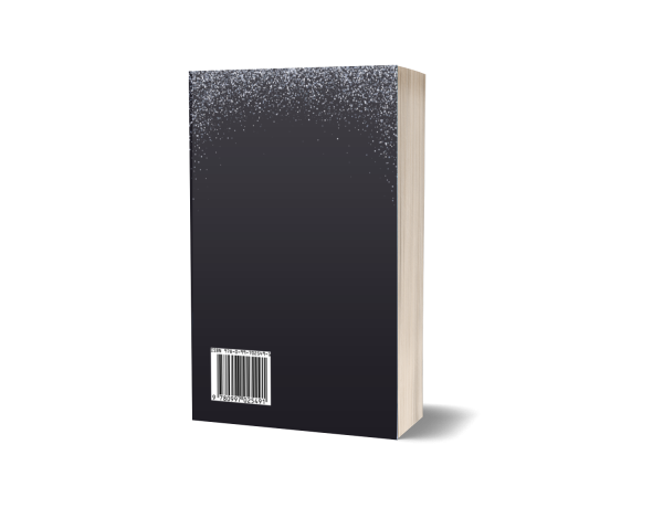 The image shows the back cover of a book with a barcode in the lower-left corner. The cover has a gradient design that transitions from black at the bottom to dark gray at the top, with small white speckles resembling stars or snowflakes concentrated along the upper edge. BookSelf Book Cover Design & Premade Book Covers