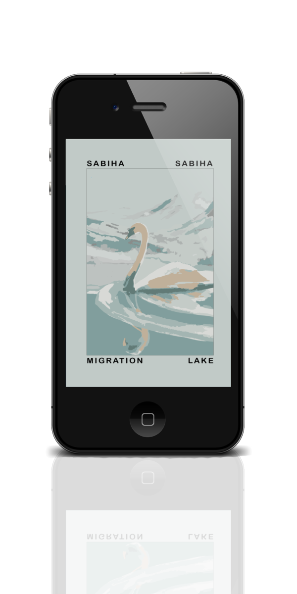 An iPhone displays an illustration of a swan swimming in water. The image features muted tones of blue and beige. Surrounding the illustration is text that reads "SABIHA" on the top left and right, and "MIGRATION LAKE" on the bottom. The phone is reflected on a white surface below. BookSelf Book Cover Design & Premade Book Covers
