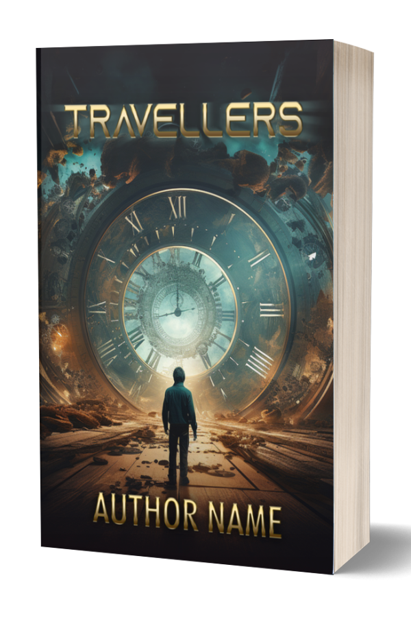 A book cover titled "Travellers" features a man standing in front of a massive, glowing clock with Roman numerals, surrounded by a cosmic landscape of swirling galaxies and debris. The author's name is positioned at the bottom, while the title is written in bold, futuristic font at the top. BookSelf Book Cover Design & Premade Book Covers