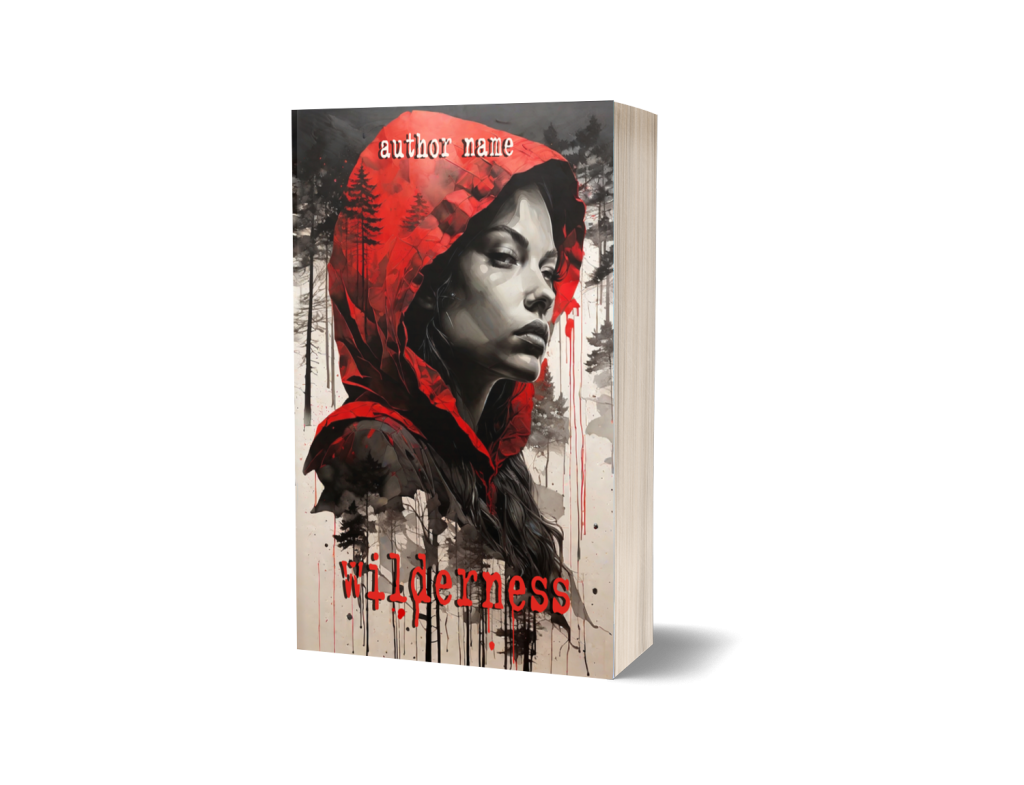 A book titled "Wilderness" features a woman in a red hooded cloak with a somber expression. The background shows a forest with tall trees and an abstract, dripping paint effect. The author's name is placed at the top. The color scheme includes dark, earthy tones with splashes of red. BookSelf Book Cover Design & Premade Book Covers