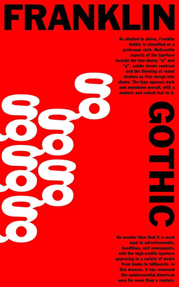 The image features a red background with bold black text at the top stating "FRANKLIN," and bold black text running vertically down the right side stating "GOTHIC". The center displays a cascade of white letter pairs "gg" and "oo", followed by paragraphs describing the style and usage of the Franklin Gothic typeface. BookSelf Book Cover Design & Premade Book Covers