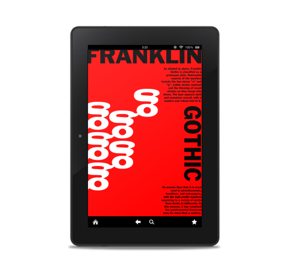 A black tablet displaying a bold red screen with the text "Franklin Gothic" in large black and white letters. The design includes abstract white shapes and a brief description of the Franklin Gothic typeface. Icons are visible at the bottom for home, back, and more options. BookSelf Book Cover Design & Premade Book Covers