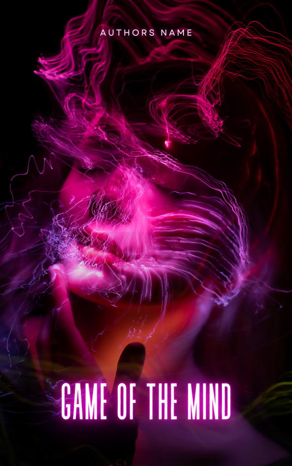 A book cover features a person with vibrant, swirling pink and purple light trails obscuring their face, creating a surreal, abstract effect. The title "Game of the Mind" is prominently displayed at the bottom in bold, glowing pink text. The top of the cover shows "Authors Name" in smaller, white text. BookSelf Book Cover Design & Premade Book Covers