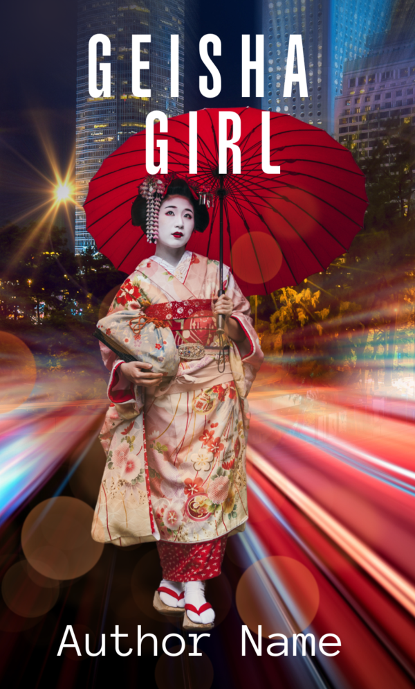 A woman dressed in traditional Japanese geisha attire, holding a red umbrella, poses against a backdrop of a modern cityscape with blurred lights and tall buildings. The book title "Premade Ebook & Paperback Book Cover" is displayed at the top, and "Author Name" is written at the bottom. BookSelf Book Cover Design & Premade Book Covers