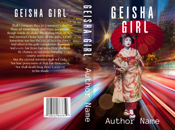 Book cover design titled "Premade Ebook & Paperback Book Cover" featuring a geisha in traditional attire with a red parasol against a vibrant, colorful background of city lights. Text includes a poem on the back cover. Spine shows the title vertically, with the author's name at the bottom of the back. Barcode at the lower left. BookSelf Book Cover Design & Premade Book Covers