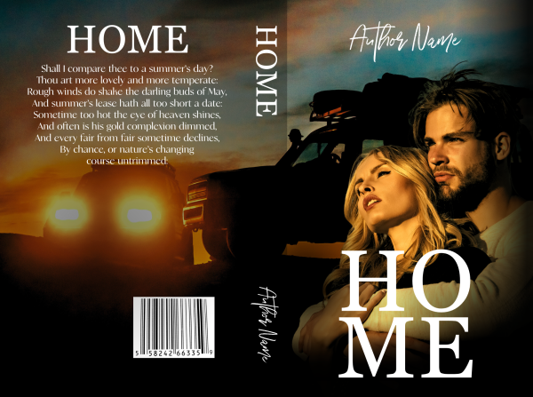 Book cover for "Home" by "Author Name". A couple stands in the foreground, gazing into the distance with the sun setting behind them. An off-road vehicle is silhouetted against the dramatic sky. Spine and back cover text includes an excerpt from a poem. A barcode is at the bottom left. *Premade Ebook & Paperback Book Cover*. BookSelf Book Cover Design & Premade Book Covers