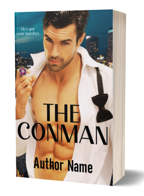 Premade Ebook & Paperback Book Cover of a romance novel titled "The Conman" by Author Name. The cover features a shirtless, muscular man with dark hair, holding a black bow tie against a cityscape backdrop at night with glowing lights. The tagline reads "He's got your number" in the top left corner. BookSelf Book Cover Design & Premade Book Covers