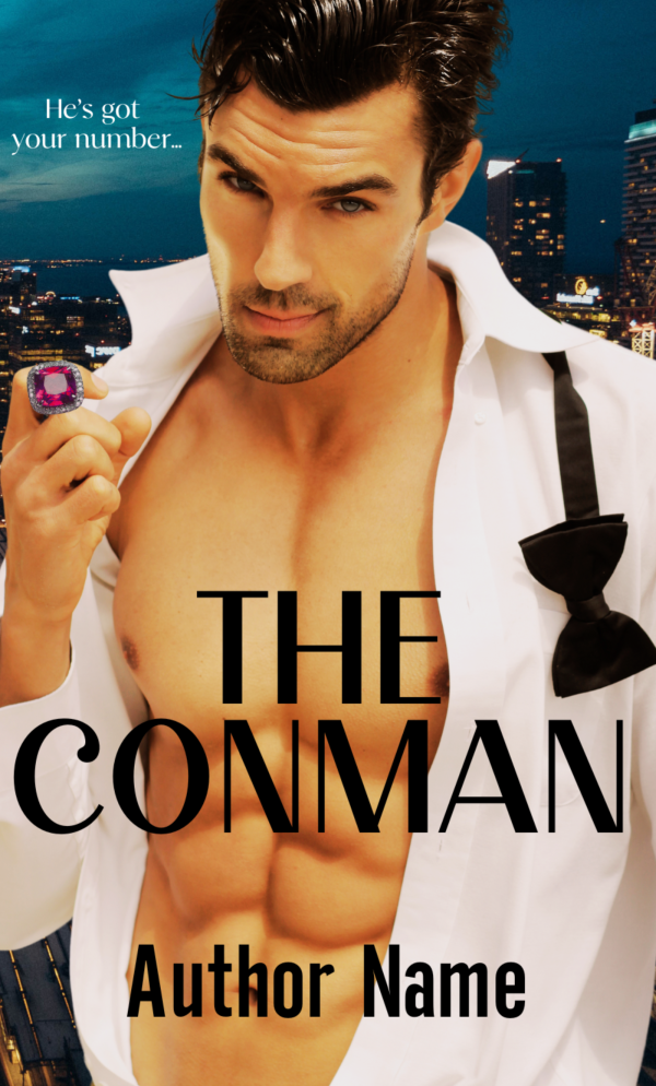 A shirtless man with black hair and a five o'clock shadow stares intensely at the viewer. He is holding a purple ring near his mouth. A black bow tie hangs loosely around his neck against a cityscape backdrop. Text: "He's got your number... THE CONMAN: Premade Ebook & Paperback Book Cover" and "Author Name" below. BookSelf Book Cover Design & Premade Book Covers