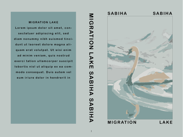 The "Migration Lake: Premade Book Cover" features an elegant illustration of a white swan on a blue-green background with stylized waves. The title and author name, "Sabiha," are prominently displayed in black uppercase letters on both the front cover and spine, alongside placeholder text in Latin. BookSelf Book Cover Design & Premade Book Covers