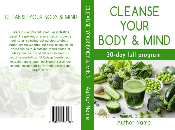 A Premade Ebook & Paperback Book Cover titled "Cleanse Your Body & Mind: 30-day full program" by Author Name features a vibrant design with various green vegetables and a green smoothie. This premade book cover extends to the spine and back, featuring similar text and an ISBN number at the bottom of the back along with placeholder text. BookSelf Book Cover Design & Premade Book Covers