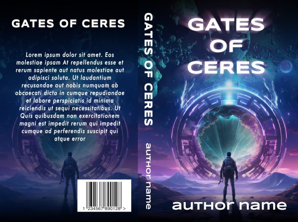 A sci-fi book cover titled "Gates of Ceres: Ready Made Ebook & Paperback Book Cover." The design features an astronaut standing in front of an illuminated structure resembling a portal, set against a cosmic landscape with planets and stars. The spine and back cover also display the title and "author name" with placeholder text for the summary. BookSelf Book Cover Design & Premade Book Covers