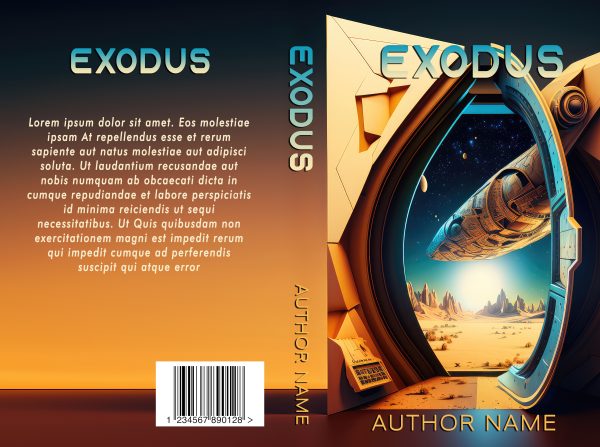 The product name is already correctly placed in the sentence. Here's a revision for clarity and minor improvements:

Book cover titled "Exodus: Ready Made Book Cover" by Author Name. The image showcases a futuristic starship entering a desert-like alien planet with rock formations and a colorful sky. The cover's background art transitions seamlessly from the front to the spine, with "Author Name" vertically aligned. A barcode is on the back.

Product Name: Exodus: Ready Made Book Cover BookSelf Book Cover Design & Premade Book Covers