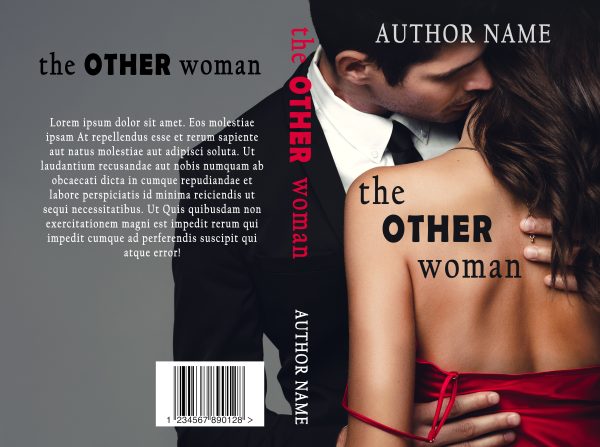 A Premade Ebook & Paperback Book Cover titled "The Other Woman." The front features a man in a black suit and white shirt, holding a woman in a red dress who has her back to the viewer. The title is in bold black and red text. The spine and back cover continue the same theme, with placeholder text and a barcode. BookSelf Book Cover Design & Premade Book Covers