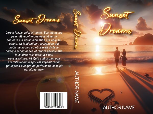 Book cover titled "Sunset Dreams: Premade Ebook & Paperback Book Cover" featuring a couple walking hand in hand along a beach during sunset. The sky is vibrant with hues of orange and purple. A heart is drawn in the sand near the shoreline. The author's name is printed at the bottom. A barcode is on the back cover. BookSelf Book Cover Design & Premade Book Covers