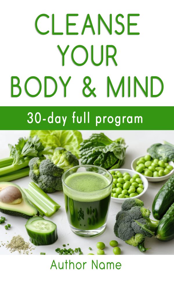 A book cover titled "Cleanse Your Body & Mind: 30-day Full Program" by "Author Name." The cover features various green vegetables such as broccoli, spinach, avocados, peas, celery, and cucumbers surrounding a glass of green juice on a white background with green accents. BookSelf Book Cover Design & Premade Book Covers