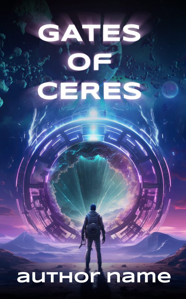 A lone astronaut, seen from behind, stands before a large, circular sci-fi portal emitting bright, blue light against a cosmic background. The portal is set in a rocky, alien landscape under a starry sky. Above the portal, the title "GATES OF CERES" appears in glowing letters, with "author name" below. BookSelf Book Cover Design & Premade Book Covers