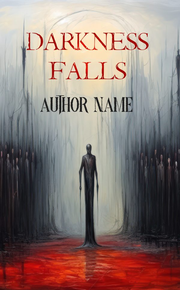 A book cover titled "Darkness Falls" depicts a tall, shadowy figure standing on a red and black ground, surrounded by eerie, ghost-like figures. The background is misty with dark, swirling shapes. The title is in bold red letters at the top, with "Author Name" in black, gothic font below. BookSelf Book Cover Design & Premade Book Covers