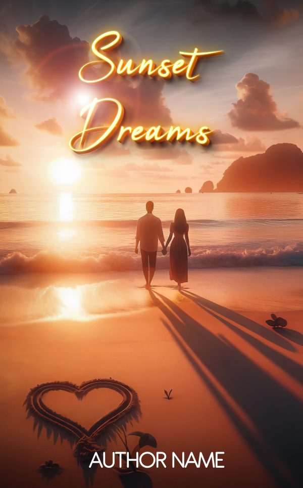 A romantic book cover titled "Sunset Dreams" features a couple holding hands and walking along the beach at sunset. Their elongated shadows stretch towards a heart drawn in the sand. The sky is a gradient of warm colors with silhouetted cliffs in the distance. "AUTHOR NAME" is at the bottom. BookSelf Book Cover Design & Premade Book Covers
