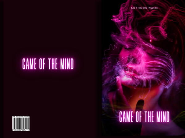 A book cover and back shown side by side against a dark backdrop. Both have the title "Game Of The Mind: Ready Made Cover" in glowing pink text. The front cover features a glowing, abstract image of a face surrounded by swirling light trails. The back cover is plain with the title centered and a barcode at the bottom left. BookSelf Book Cover Design & Premade Book Covers