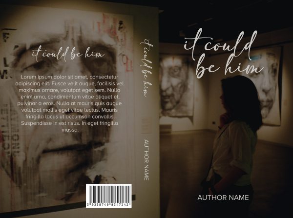 Cover of a book titled *It Could Be Him: Ebook & Paperback Premade Book Cover* featuring a blurred background of an art gallery with large portraits on the walls. In the foreground, a silhouetted person is seen observing the art. The spine reads *It Could Be Him* vertically. Placeholder text, "Lorem ipsum," is on the back cover. BookSelf Book Cover Design & Premade Book Covers