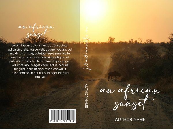 A book cover titled "An African Safari: Ebook & Paperback Premade Book Cover" by Author Name showcases a serene sunset over an African landscape with trees and a distant animal. The left portion contains placeholder text. Warm golden hues dominate the scene, creating a tranquil and captivating atmosphere. BookSelf Book Cover Design & Premade Book Covers