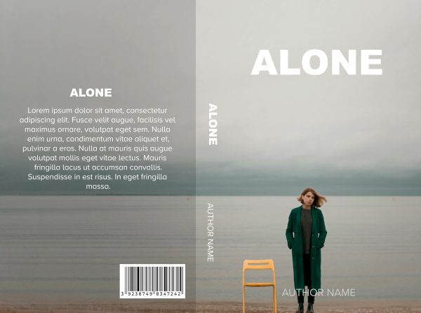 Book cover with a muted color palette. The title "Alone: Ebook & Paperback Premade Book Cover" appears in large white font at the top right, along with a placeholder text description and "Author Name." This premade book cover features a lone figure in a green coat standing next to a yellow chair on a foggy, desolate beach. BookSelf Book Cover Design & Premade Book Covers
