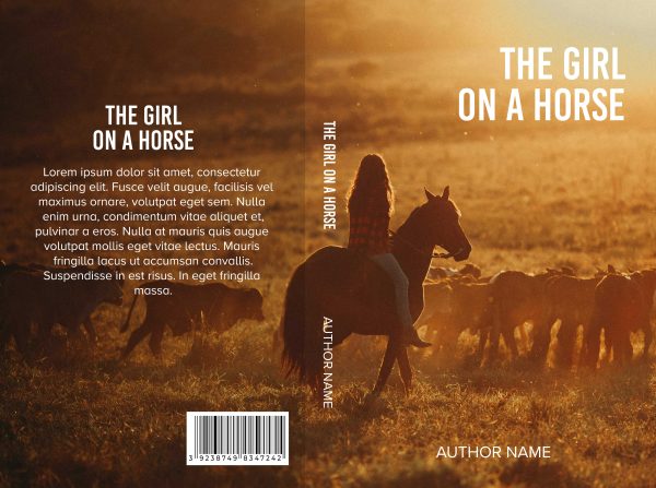 Book cover for "The Girl on a Horse" by Author Name. The girl on the horse: Ebook & Paperback Premade Book Cover features a girl riding a horse in a sunlit field with sheep in the background. The title and author name are in white text. The back cover contains placeholder text for a summary, with the ISBN and barcode at the bottom.
 BookSelf Book Cover Design & Premade Book Covers