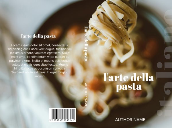 Book cover featuring a close-up of pasta held by chopsticks positioned over a bowl. The title "Paste Recipe Book: Ebook & Paperback Premade Book Cover" is prominently displayed in the center, with "AUTHOR NAME" at the bottom. On the left, placeholder text for the blurb is visible alongside a barcode in the bottom corner. A perfect premade book cover for any culinary enthusiast. BookSelf Book Cover Design & Premade Book Covers