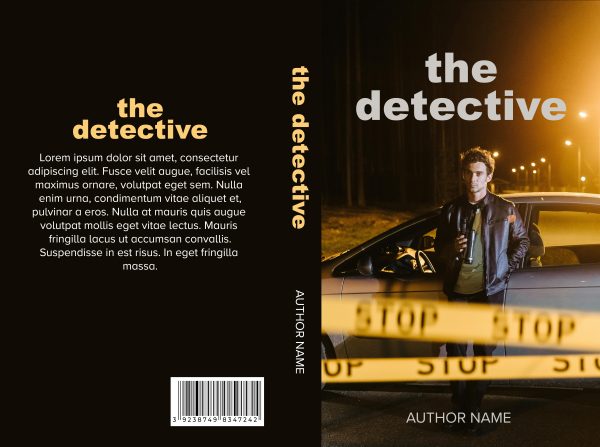 Cover of "The Detective: Ebook & Paperback Premade Book Cover". The front shows a man standing next to a car at night, holding a flashlight, with yellow crime scene tape in the foreground. The back cover displays placeholder text and a barcode at the bottom. The author's name is printed on both covers. BookSelf Book Cover Design & Premade Book Covers
