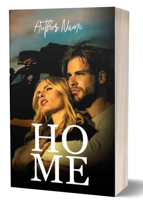 A premade Ebook & Paperback Book Cover titled "HOME" features a man and woman looking thoughtfully into the distance. The woman has long blond hair, and the man has dark hair and a beard. They are illuminated by warm light, with a dark background and silhouettes of a vehicle behind them. "Author Name" is written at the top. BookSelf Book Cover Design & Premade Book Covers