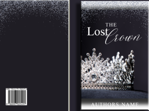 A product titled "The Lost Crown: Ready Made Book Cover" by an unidentified author. The cover features a sparkling, intricate tiara against a dark, textured background. The author's name is displayed at the bottom. The back cover has a barcode in the lower-left corner. BookSelf Book Cover Design & Premade Book Covers
