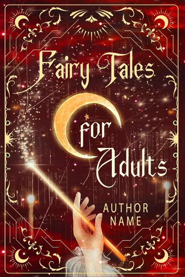 A mystical book cover titled "Fairy Tales for Adults" features a golden crescent moon, a magical wand held by an ethereal hand, and sparkling fairy dust. Ornate borders and whimsical designs adorn the dark red background, creating an enchanting atmosphere. The author’s name is placed at the bottom. BookSelf Book Cover Design & Premade Book Covers