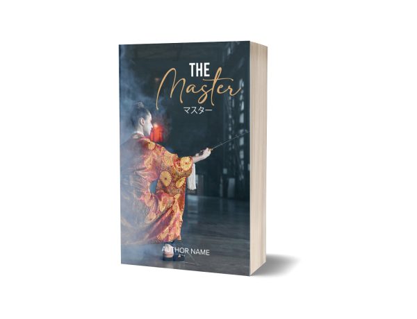 A 3D rendering of a book titled "The Master." The cover features a person in a traditional kimono, holding a katana sword, with a dramatic background. The title is in bold white letters, accompanied by Japanese characters. "Author Name" is written at the bottom. BookSelf Book Cover Design & Premade Book Covers