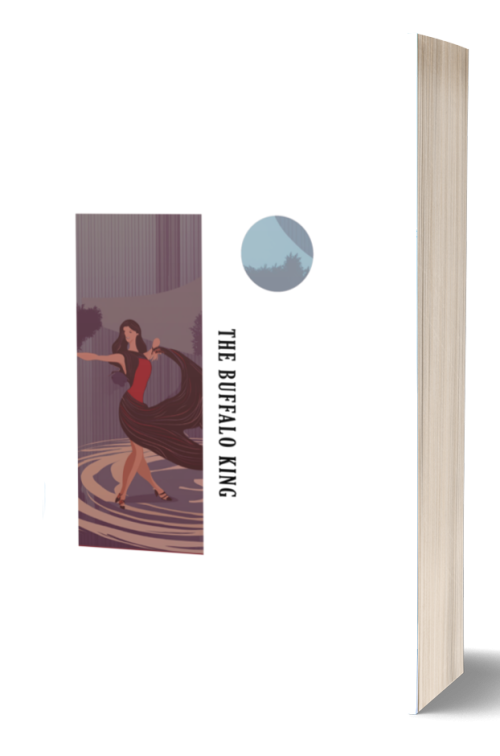 A book titled "The Buffalo King" with a cover illustration of a woman in a red top and flowing black skirt dancing elegantly. The background features abstract, vertical purple lines and circular patterns. A blue circle, possibly representing a sun or moon, appears near the title on the cover. BookSelf Book Cover Design & Premade Book Covers