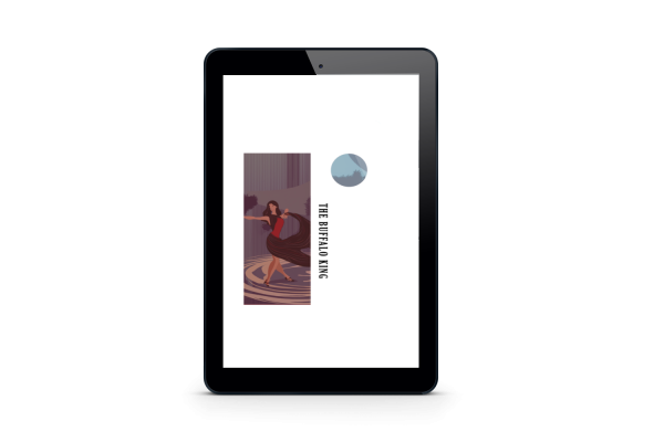 A tablet screen displays the cover of a book titled "The Buffalo King." The cover features an illustration of a person in a red cloak with arms outstretched, standing on a cliff. The title is written vertically to the right of the illustration, with a circular blue emblem above the title. BookSelf Book Cover Design & Premade Book Covers