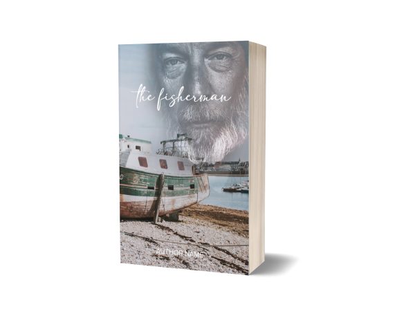 An image of a paperback book titled "The Fisherman." The cover features a blend of an older man's face in grayscale at the top and a color photo of a boat docked on a pebbly shore at the bottom. The author's name is written at the bottom of the cover. The book is displayed standing upright. BookSelf Book Cover Design & Premade Book Covers