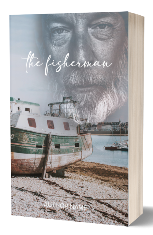 A book titled "The Fisherman" features a cover with an old boat resting on a rocky shore in the foreground. The background displays a calm water harbor with docks and boats. An overlay of an elderly man's bearded face occupies the upper half. The author's name is at the bottom. BookSelf Book Cover Design & Premade Book Covers