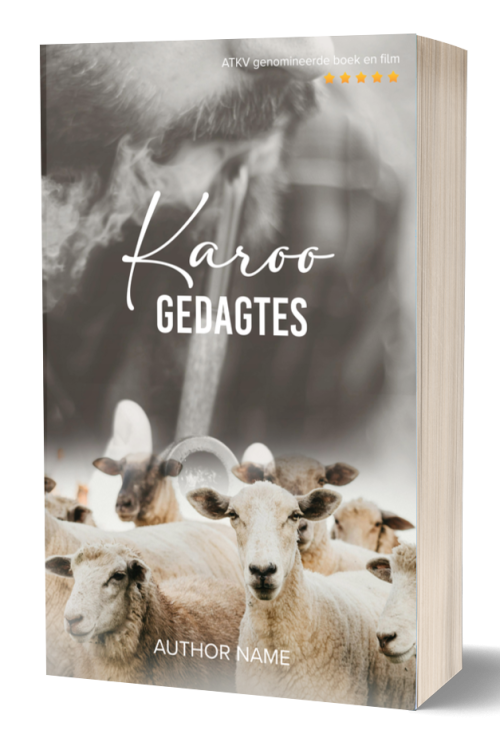 A 3D-rendered book cover with the title "Karoo Gedagtes" in white script. The cover features a flock of sheep in the foreground with a blurry background image of a man smoking a pipe. The top text indicates it is an ATKV-nominated book and film. The author's name is printed at the bottom. BookSelf Book Cover Design & Premade Book Covers
