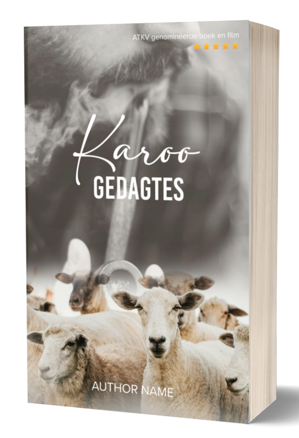 A 3D-rendered book cover with the title "Karoo Gedagtes" in white script. The cover features a flock of sheep in the foreground with a blurry background image of a man smoking a pipe. The top text indicates it is an ATKV-nominated book and film. The author's name is printed at the bottom. BookSelf Book Cover Design & Premade Book Covers