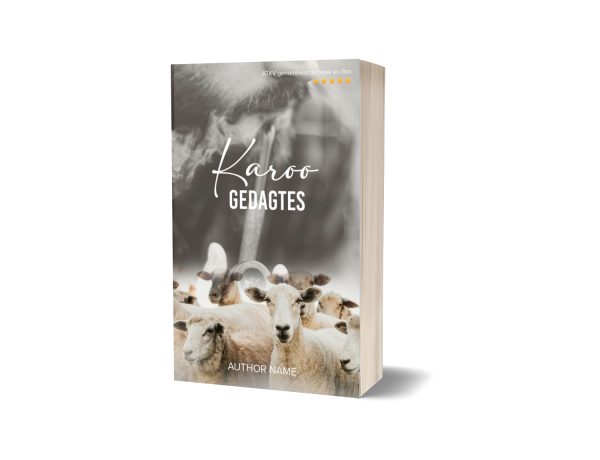 A 3D-rendered book titled "Karoo Gedagtes" with a subtitle indicating it’s a TV series adaptation. The cover features sheep, with one prominent sheep in the foreground and others in the background. The author's name is not specified. The book stands against a plain white backdrop. BookSelf Book Cover Design & Premade Book Covers