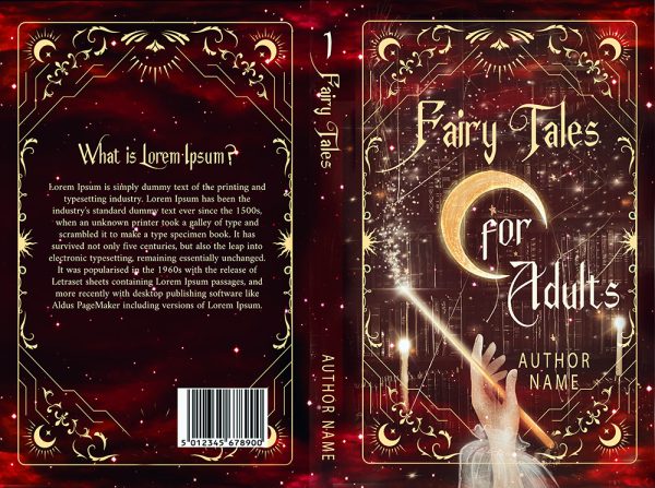 Book cover titled "Fairy Tales for Adults." The front features a hand holding a wand casting magical sparks with a crescent moon and a starry background. The back cover has a blurb about "Lorem Ipsum." The spine reads "Fairy Tales for Adults." Ornate red, black, and gold border design throughout. BookSelf Book Cover Design & Premade Book Covers