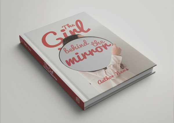 A hardcover book titled "The Girl behind the Mirror" with "Author Name" under the title. The cover features a blurred image of a girl partially obscured by a magnifying glass that highlights the title words. The book is positioned against a plain light background. BookSelf Book Cover Design & Premade Book Covers