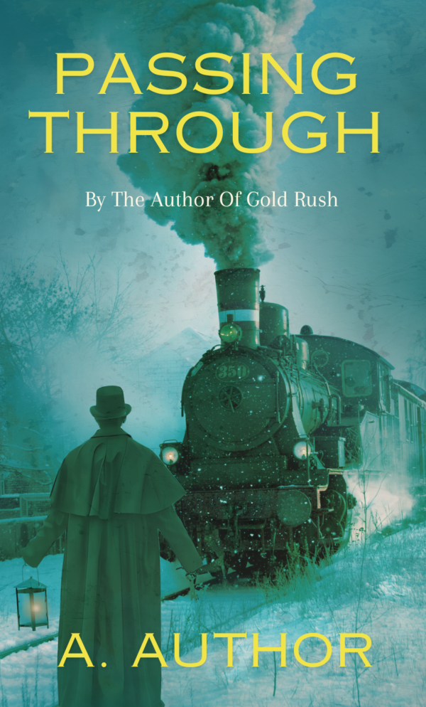 Book cover with a turquoise color palette. A person in an overcoat and hat, holding a lantern, faces a steam locomotive emitting smoke. The title "Passing Through" is at the top in bold yellow text. Below, it reads "By the Author of Gold Rush" in smaller white text. The author is listed as "A. Author" at the bottom. This is your ideal Passing Through: Premade Fiction Book Cover BookSelf Book Cover Design & Premade Book Covers