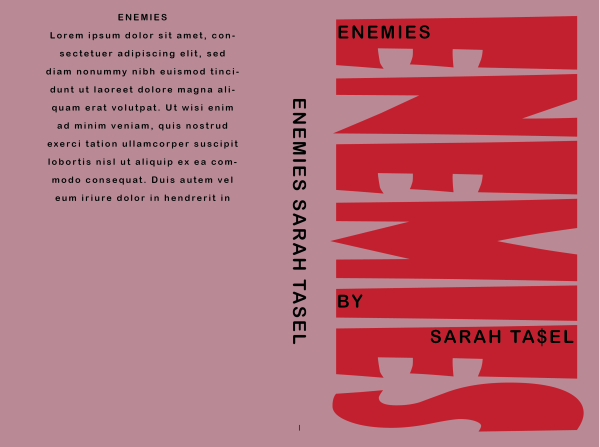 A premade book cover titled "Enemies: Premade Book Cover" by Sarah Tasel. The background is light brown. Red, bold text saying "ENEMIES" is aligned vertically along the right side of the cover. The left side features placeholder text and the author's name in vertical alignment. BookSelf Book Cover Design & Premade Book Covers
