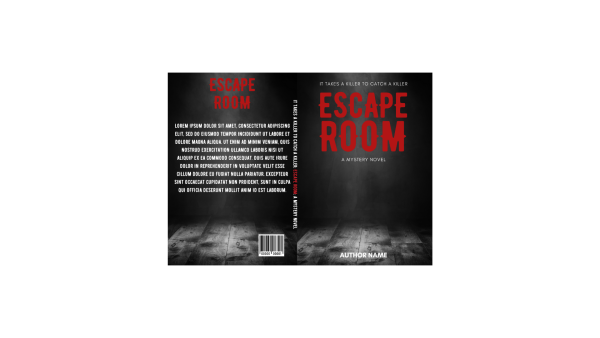 A premade book cover titled "Escape Room: Premade Book Cover". The background is dark with a large red font for the title on both the front and spine. The back cover has placeholder text in white and red, simulating a book blurb, and a barcode at the bottom. The author's name is at the bottom front. BookSelf Book Cover Design & Premade Book Covers