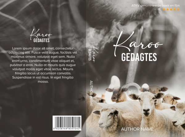 Book cover for "Karoo Gedagtes: Ready Made Book Cover" featuring the title and placeholder text for the author's name. The front shows multiple sheep facing forward, set against a sepia-toned rural landscape. The back includes placeholder text in Latin, a barcode, and a mention of an ATKV film adaptation with a 5-star rating. BookSelf Book Cover Design & Premade Book Covers