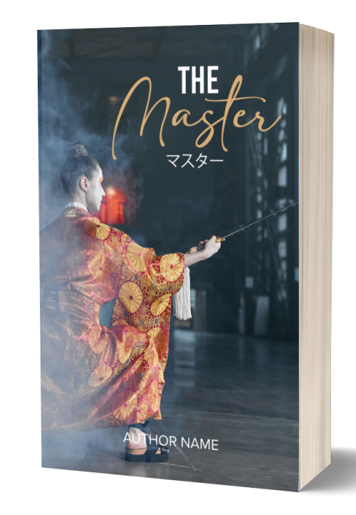A book titled "The Master" by Melissa Claasens features a cover image of a person in a traditional, ornate robe, gracefully holding a sword with both hands. Kneeling indoors with a smoke effect partially obscuring the scene, the dark and minimalist background emphasizes the figure's attire. BookSelf Book Cover Design & Premade Book Covers