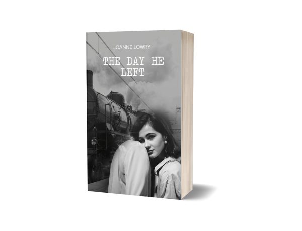 A grayscale book cover titled "The Day He Left" by Joanne Lowry. Depicts a woman standing in front of a departing train, leaning on a man's shoulder. The mood is somber, emphasizing themes of departure and longing. The background includes steam and rail tracks, enhancing the sense of farewell. BookSelf Book Cover Design & Premade Book Covers