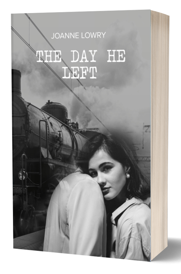 A 3D rendering of a book titled "The Day He Left" by Joanne Lowry. The cover features a black and white image of a couple embracing near a steam locomotive. The man faces away, and the woman looks at the camera with a somber expression. Steam and smoke from the train create a nostalgic atmosphere. BookSelf Book Cover Design & Premade Book Covers